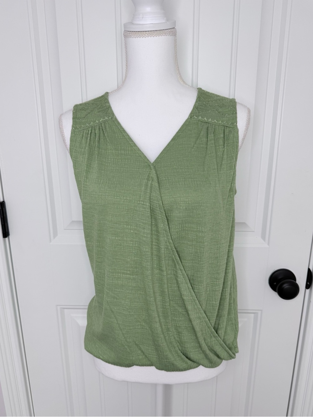 Cable & Gauge Sleeveless Olive Green Wrap Front Women's Top
